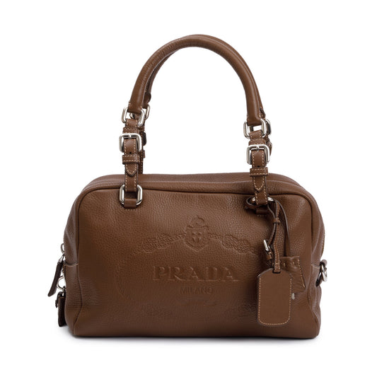 Prada Brown Vitello Daino Leather  Medium Bauletto Logo Bag