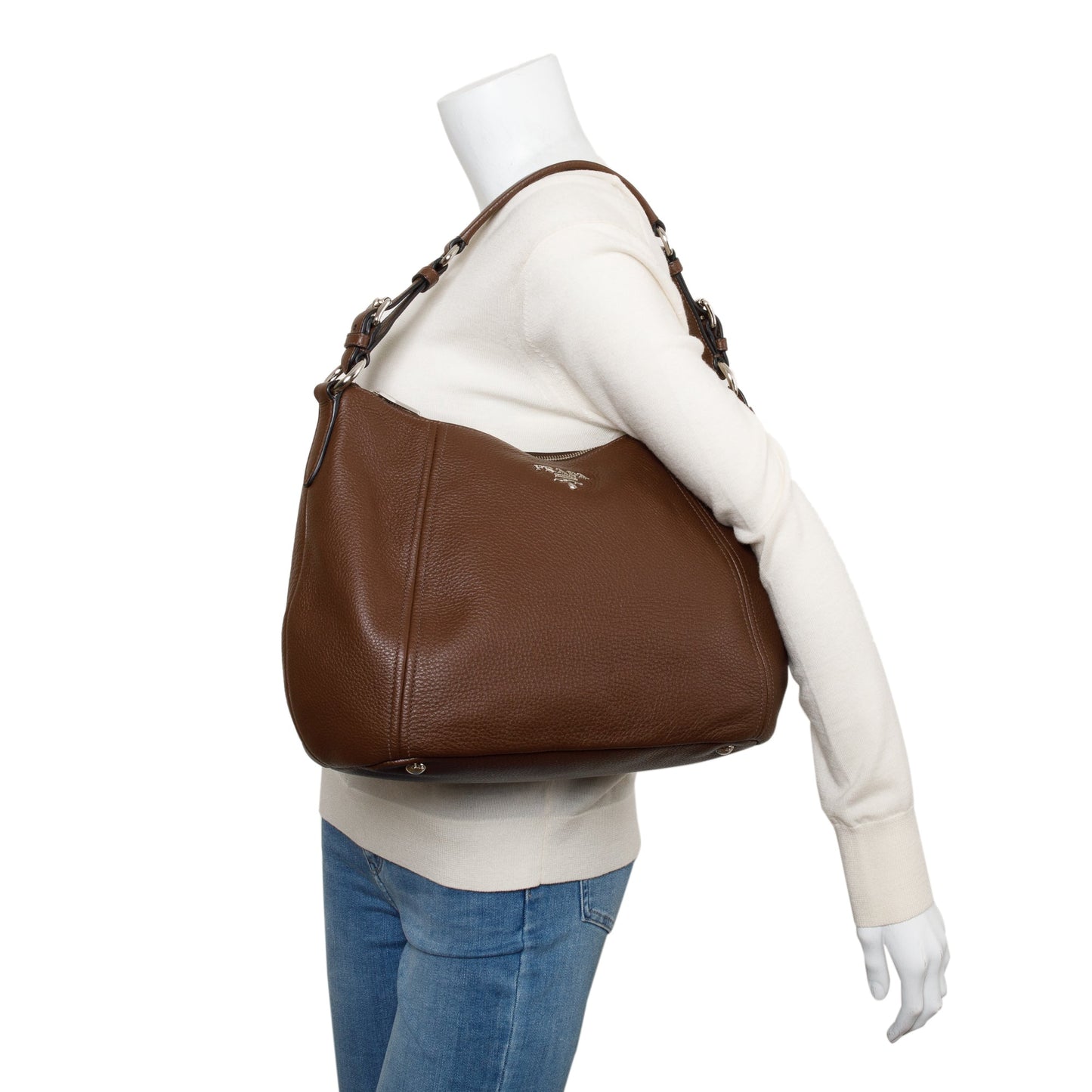 Prada Brown Vitello Phenix Leather Zip Top Hobo Bag