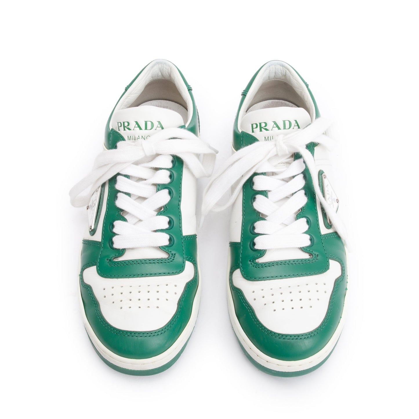 Prada Green/White Calfskin Enamel Triangle Logo Sneakers, Size 35