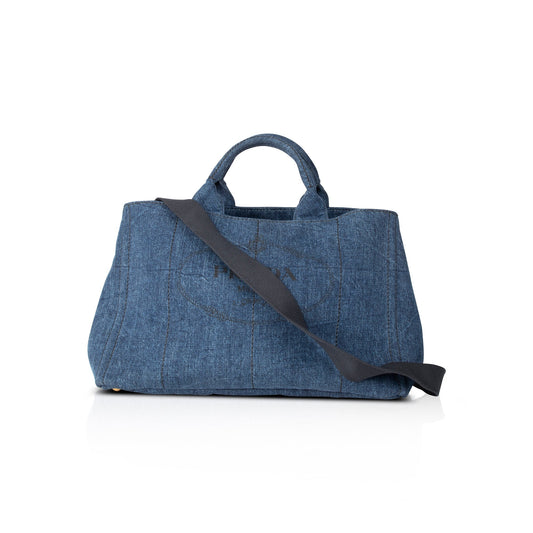 Prada Large Denim Canapa Logo Tote