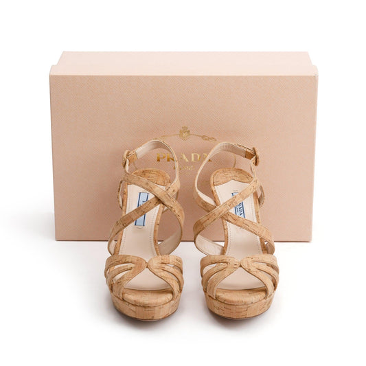 Prada Neutral Printed Sughero Chic Sling Back Sandals, Size 36.5
