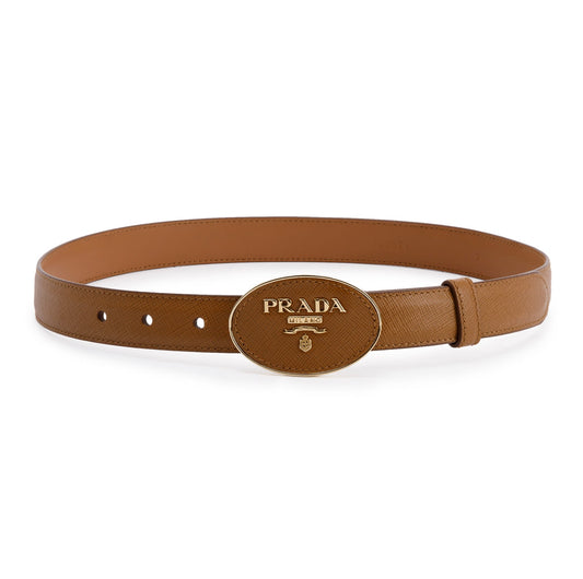 Prada Oval Savoia Logo Buckle Saffiano Leather Belt