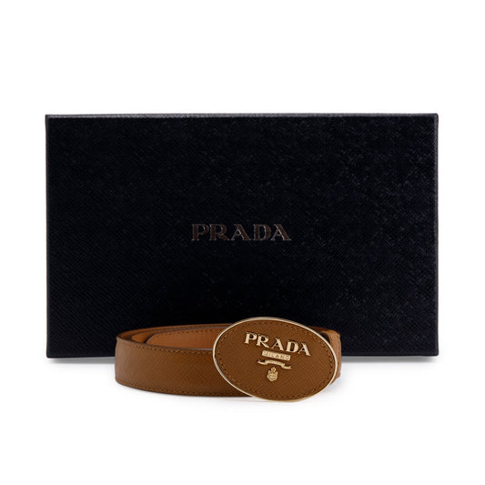 Prada Oval Savoia Logo Buckle Saffiano Leather Belt