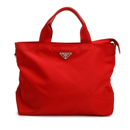Prada Red Leather Trimmed Tessuto Nylon Convertible Tote