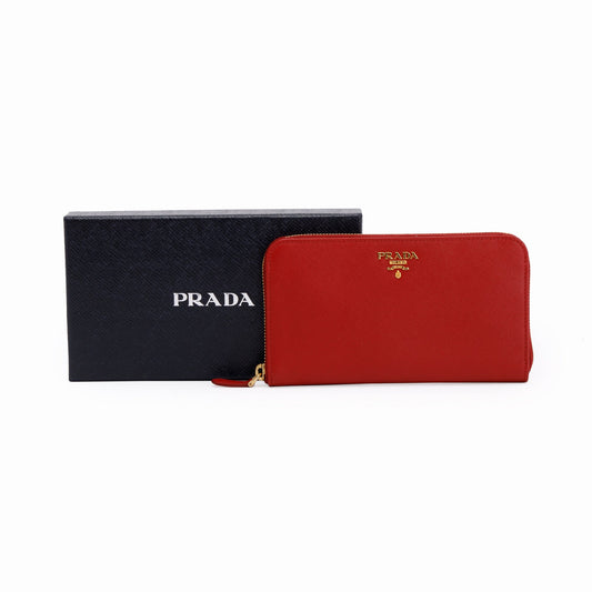 Prada Red Saffiano Zip Around Wallet