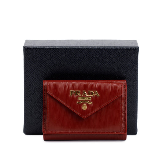 Prada Red Vitello Move Compact Tri-Fold Wallet