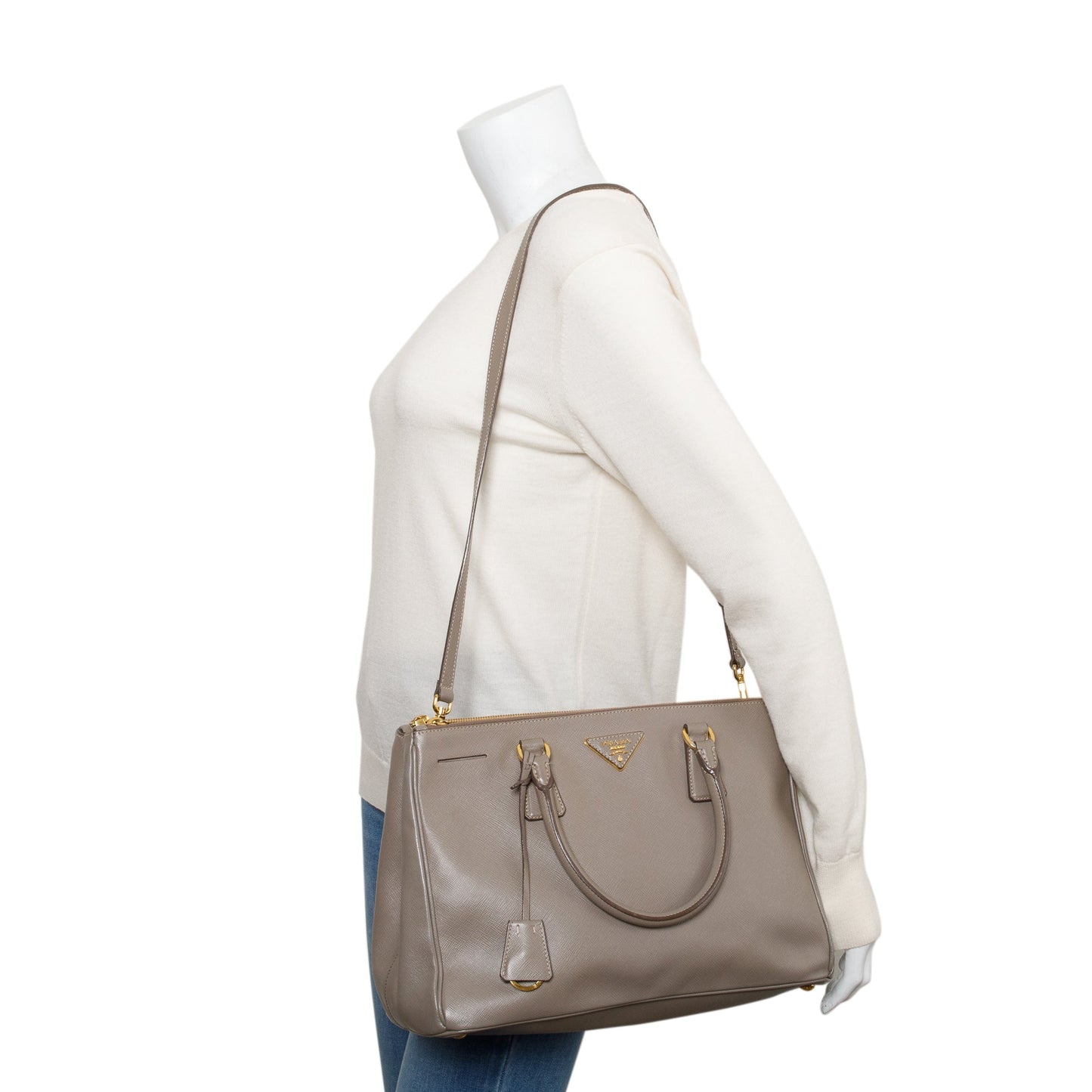 Prada Taupe Saffiano Lux Medium Double Zip Galleria Tote