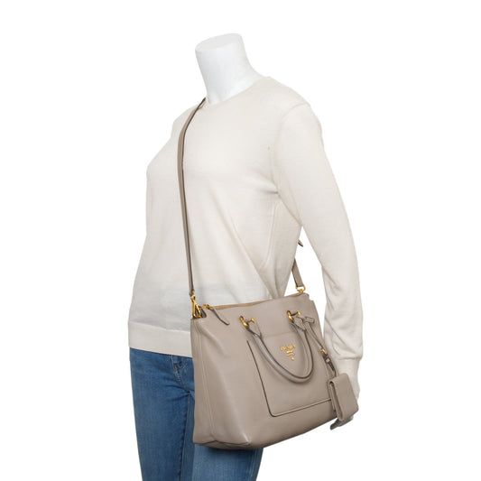 Prada Taupe Vitello Daino Leather Pocket Zip Tote