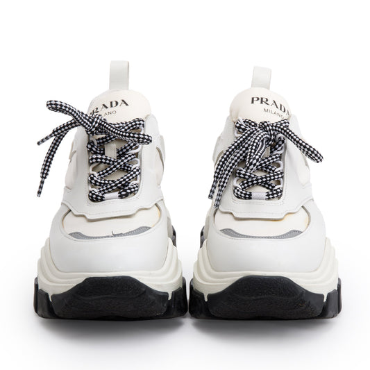 Prada White Calfskin Nylon Pegasus Sneakers, Size 36.5