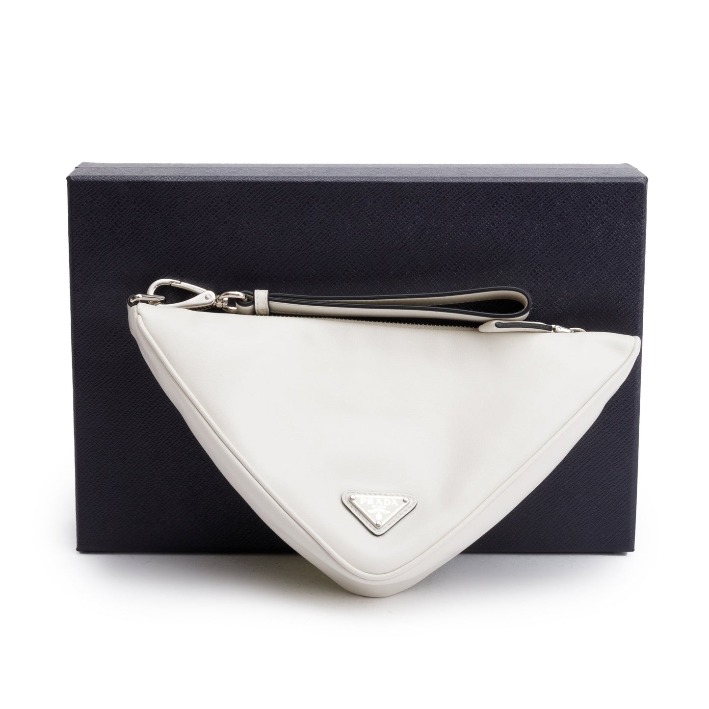 Prada White Grace Lux Leather Triangle  Wristlet Clutch