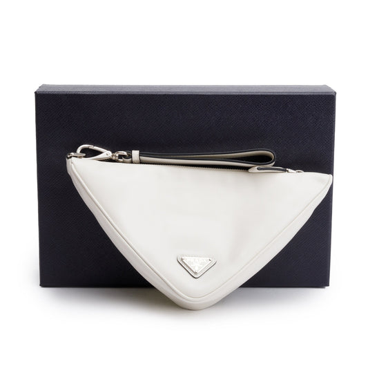 Prada White Grace Lux Leather Triangle  Wristlet Clutch
