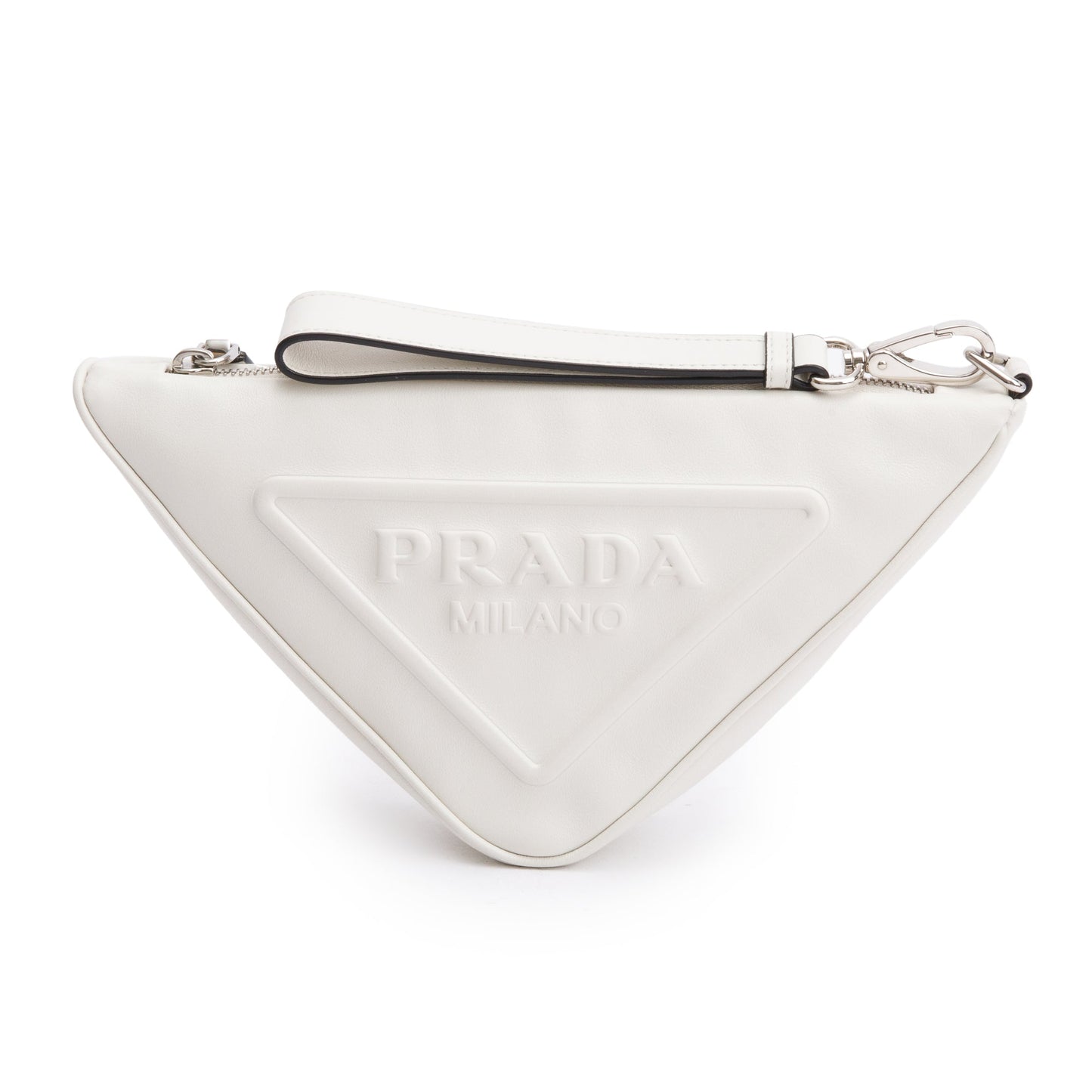 Prada White Grace Lux Leather Triangle  Wristlet Clutch