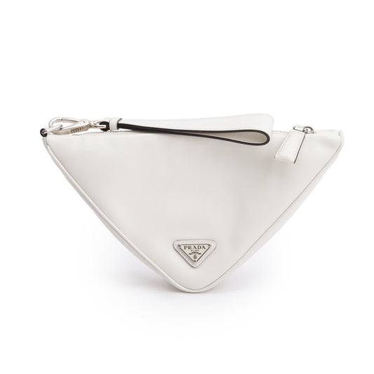 Prada White Grace Lux Leather Triangle  Wristlet Clutch