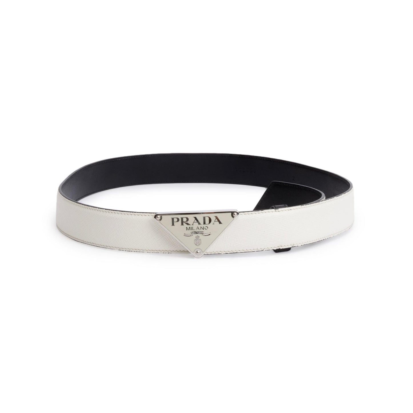 Prada White Saffiano Cuir Enamel Triangle Logo Buckle Belt 85, 34