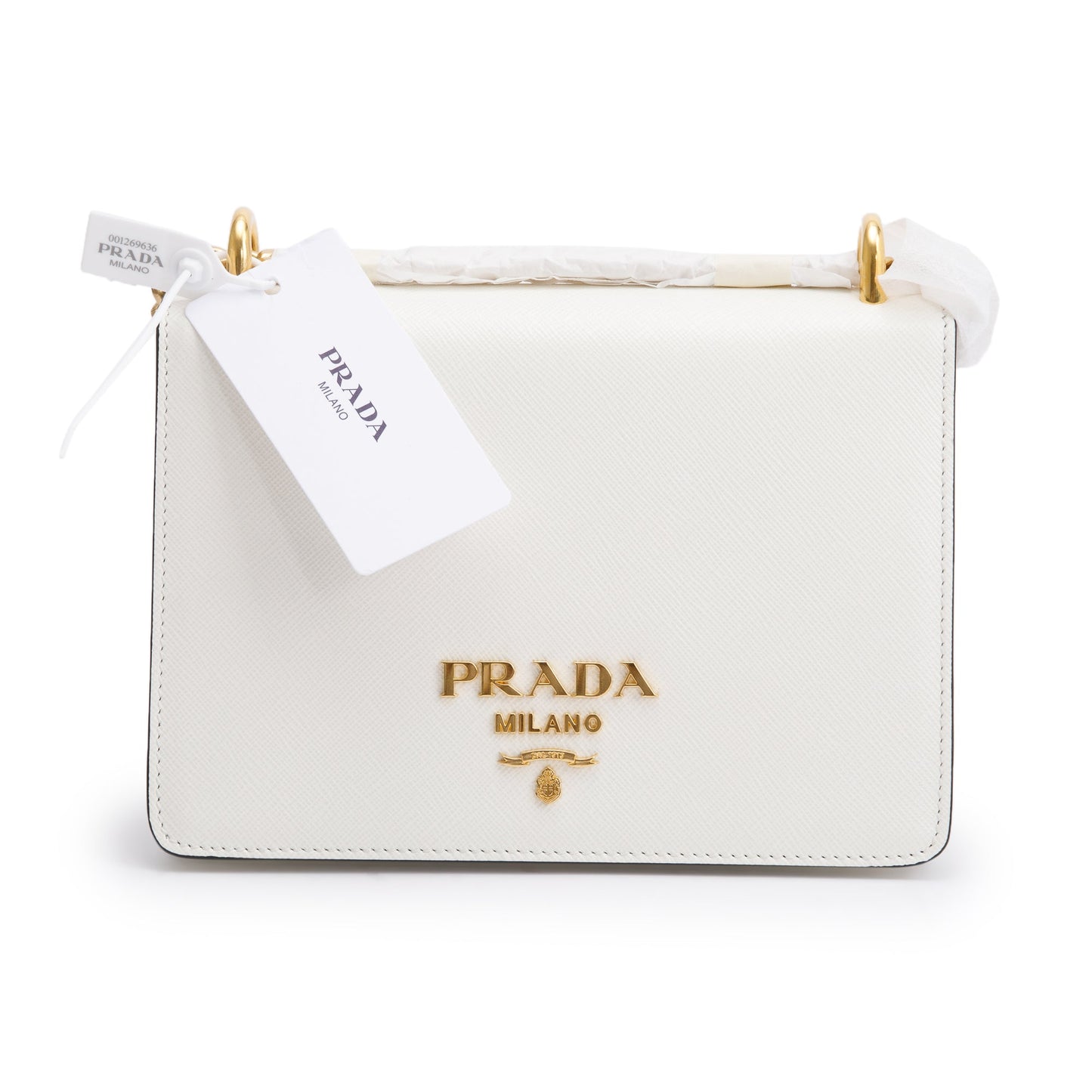 Prada White Saffiano Soft Calf Leather Chain Crossbody Bag