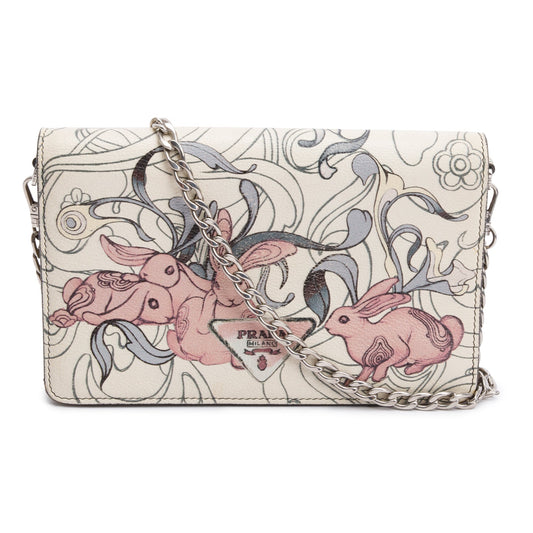 Prada X James Jean White Glace Calfskin Rabbit Print Wallet on Chain