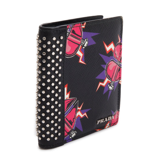 Prada X Universal Studios Black Multicolor Saffiano Leather Frankenstein Heart Studded Bifold Wallet