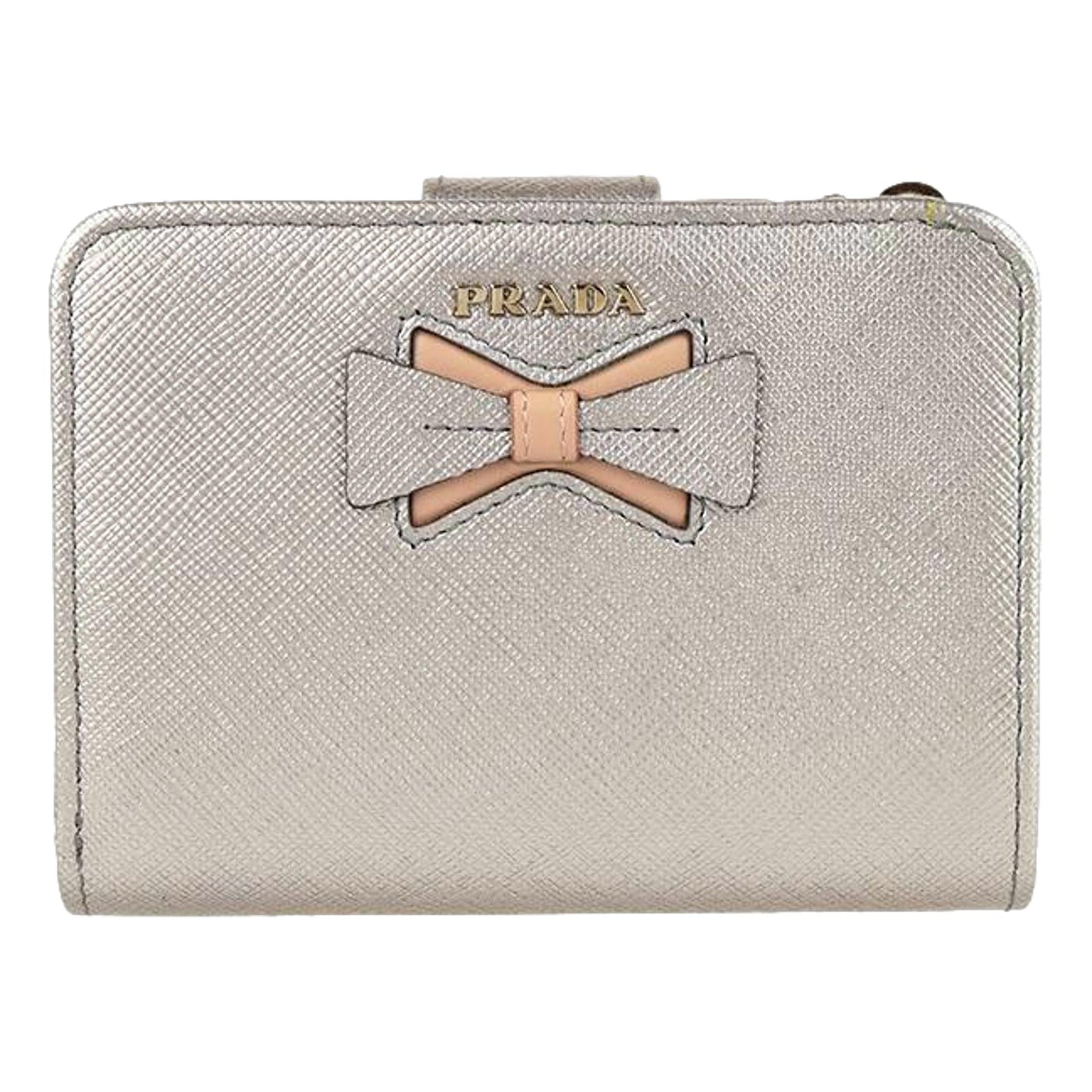 Luxury PradaSaffiano Gold Leather Bow Wallet with Coin Pouch