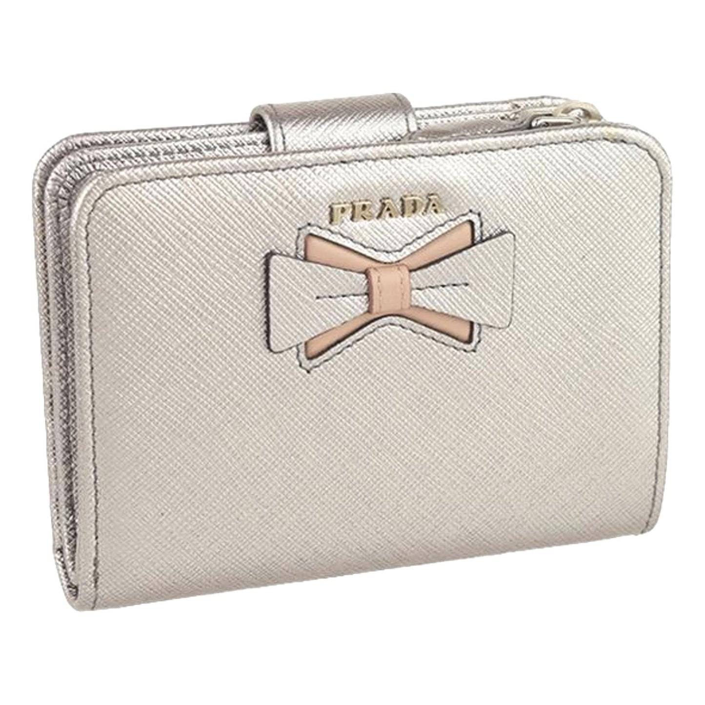 Luxury PradaSaffiano Gold Leather Bow Wallet with Coin Pouch