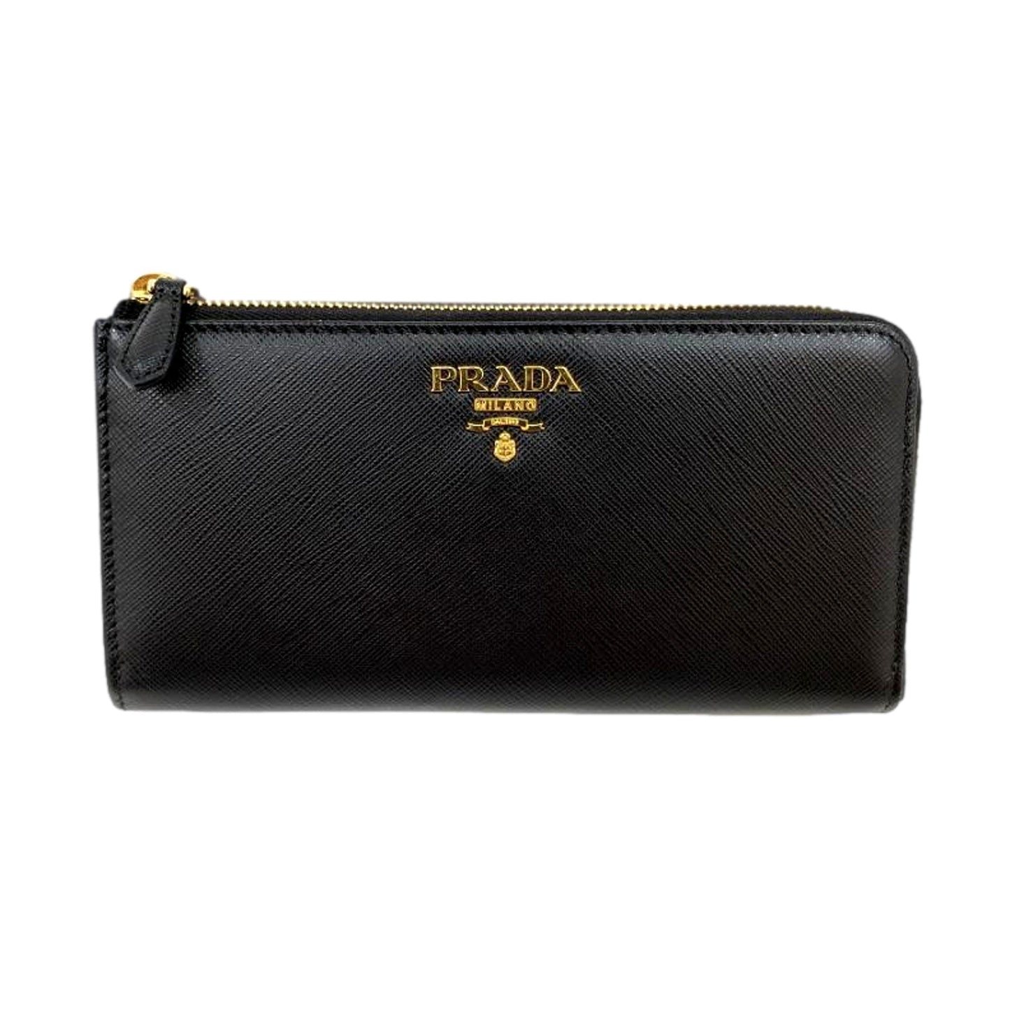 Luxury PradaSaffiano Long Continental Zip Wallet Black Leather Gold Logo