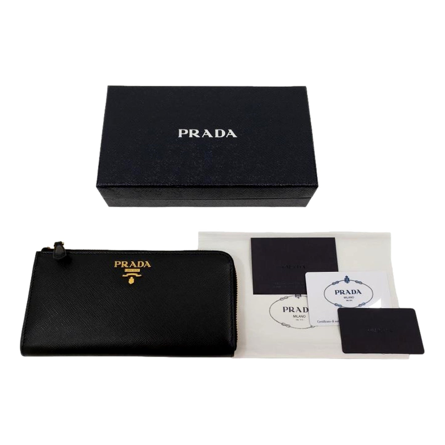 Luxury PradaSaffiano Long Continental Zip Wallet Black Leather Gold Logo