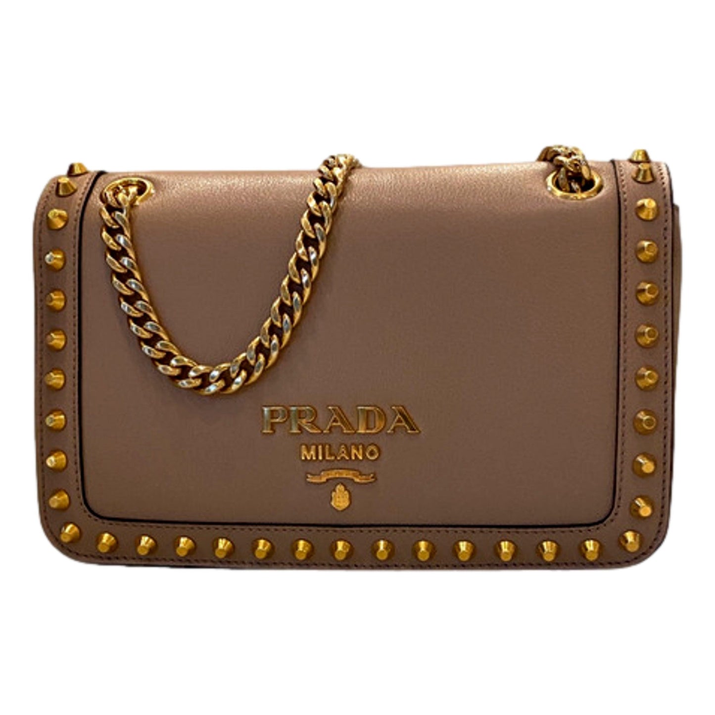 Luxury PradaPattina Glace Calf Leather Cammeo Beige Gold Studded Bag