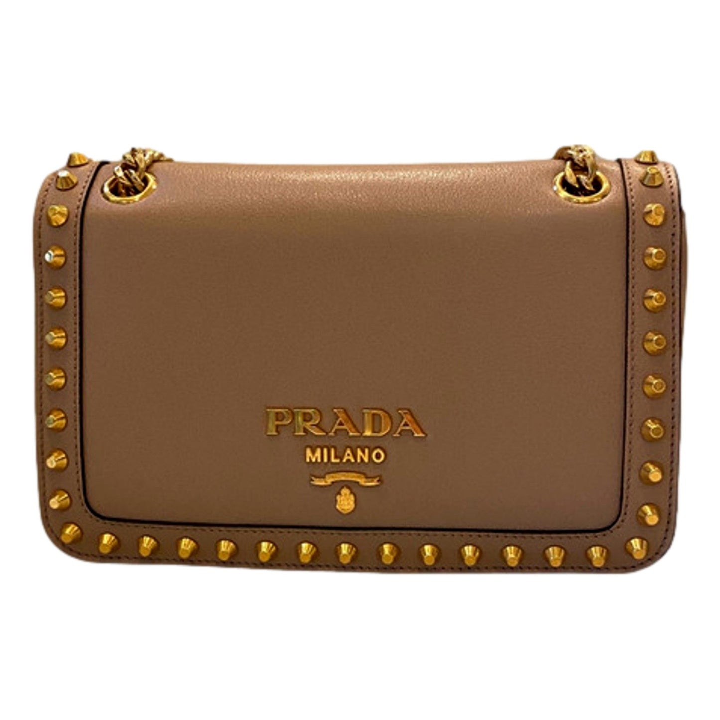 Luxury PradaPattina Glace Calf Leather Cammeo Beige Gold Studded Bag