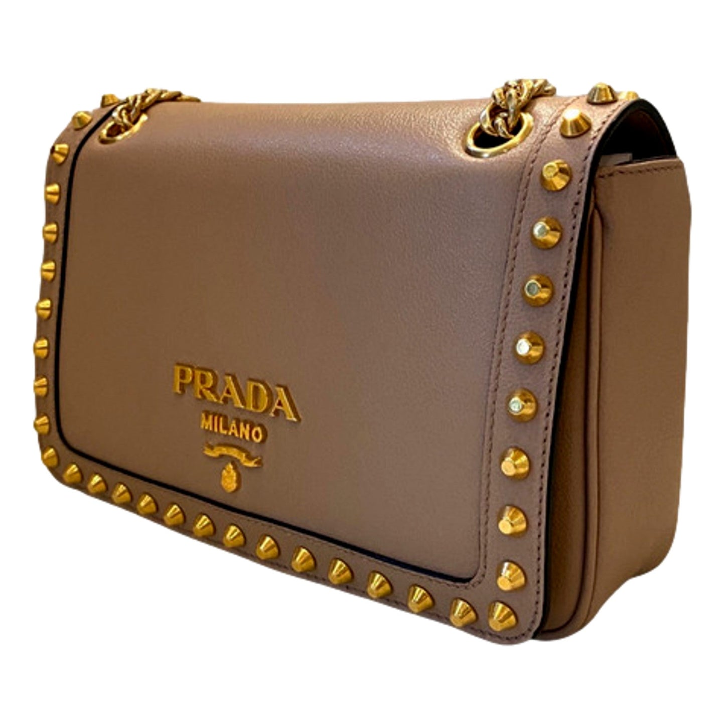 Luxury PradaPattina Glace Calf Leather Cammeo Beige Gold Studded Bag