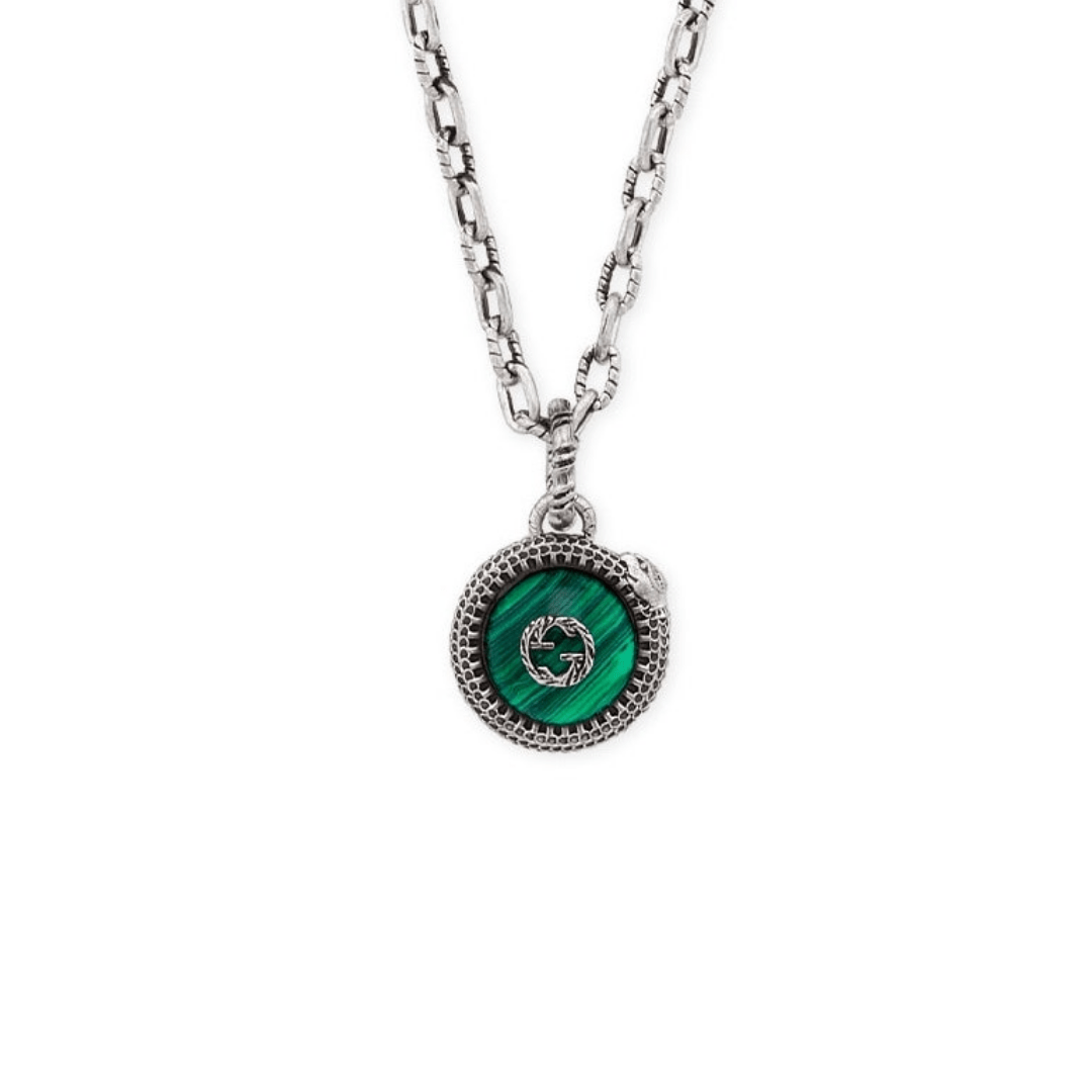 Luxury Gucci STERLING SILVER NEW DOUBLE G LOGO SERPENT MALACHITE PENDANT NECKLACE