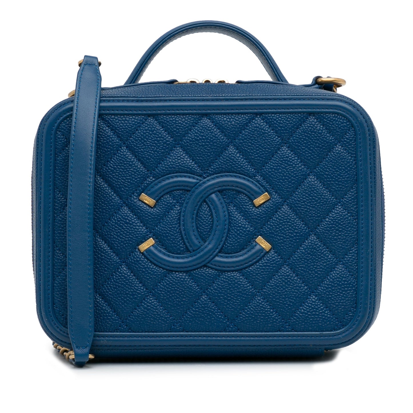 Luxury Chanel CC Filigree Vanity Case Blue Caviar Gold
