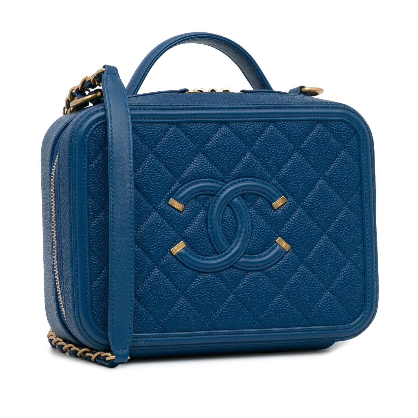 Luxury Chanel CC Filigree Vanity Case Blue Caviar Gold