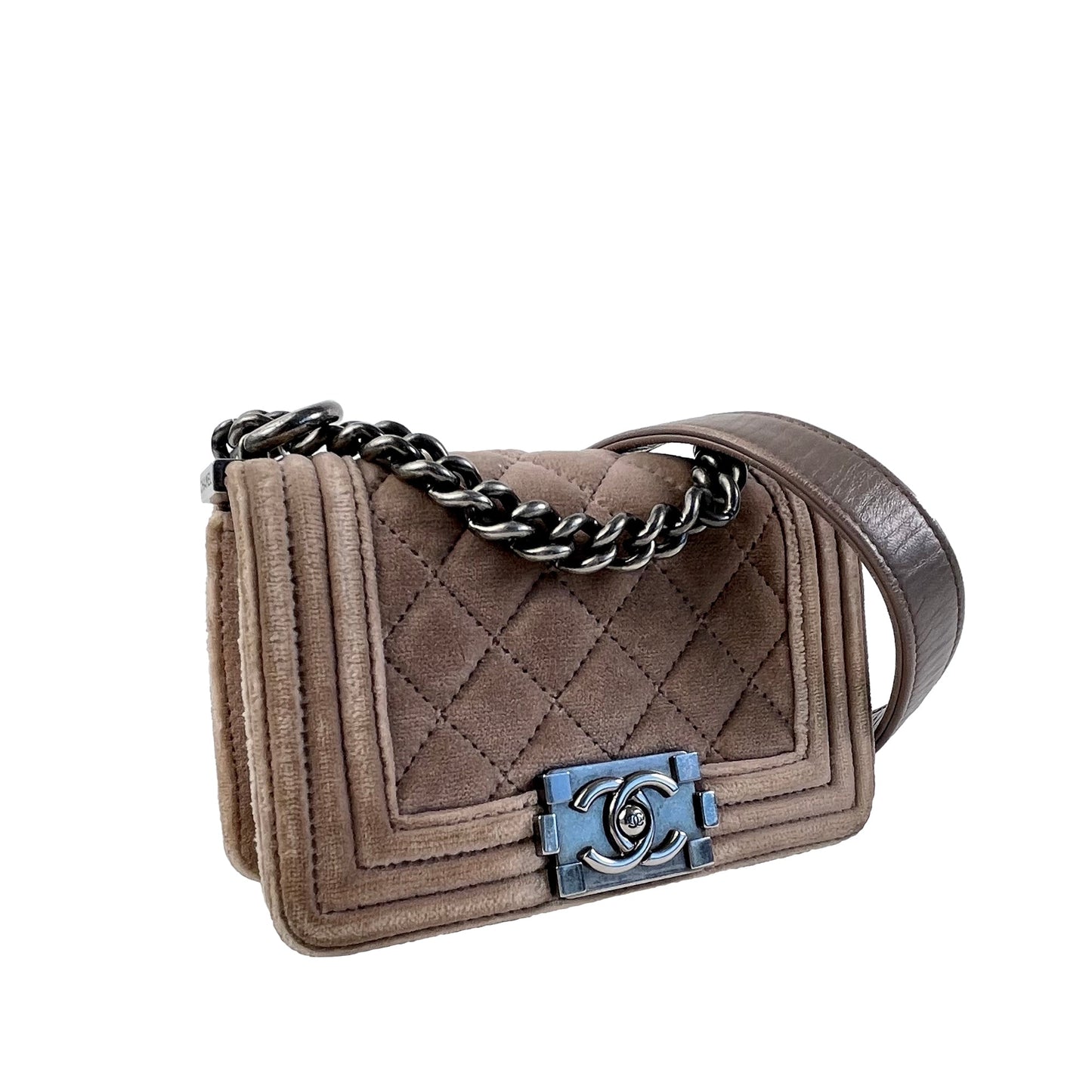 Luxury Chanel Boy Mini Brown Velvet Ruthenium