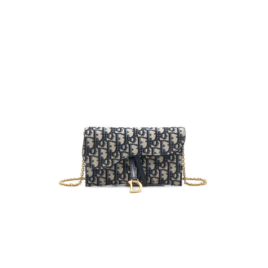 Luxury Dior Saddle Wallet with Chain Blue Oblique Jacquard