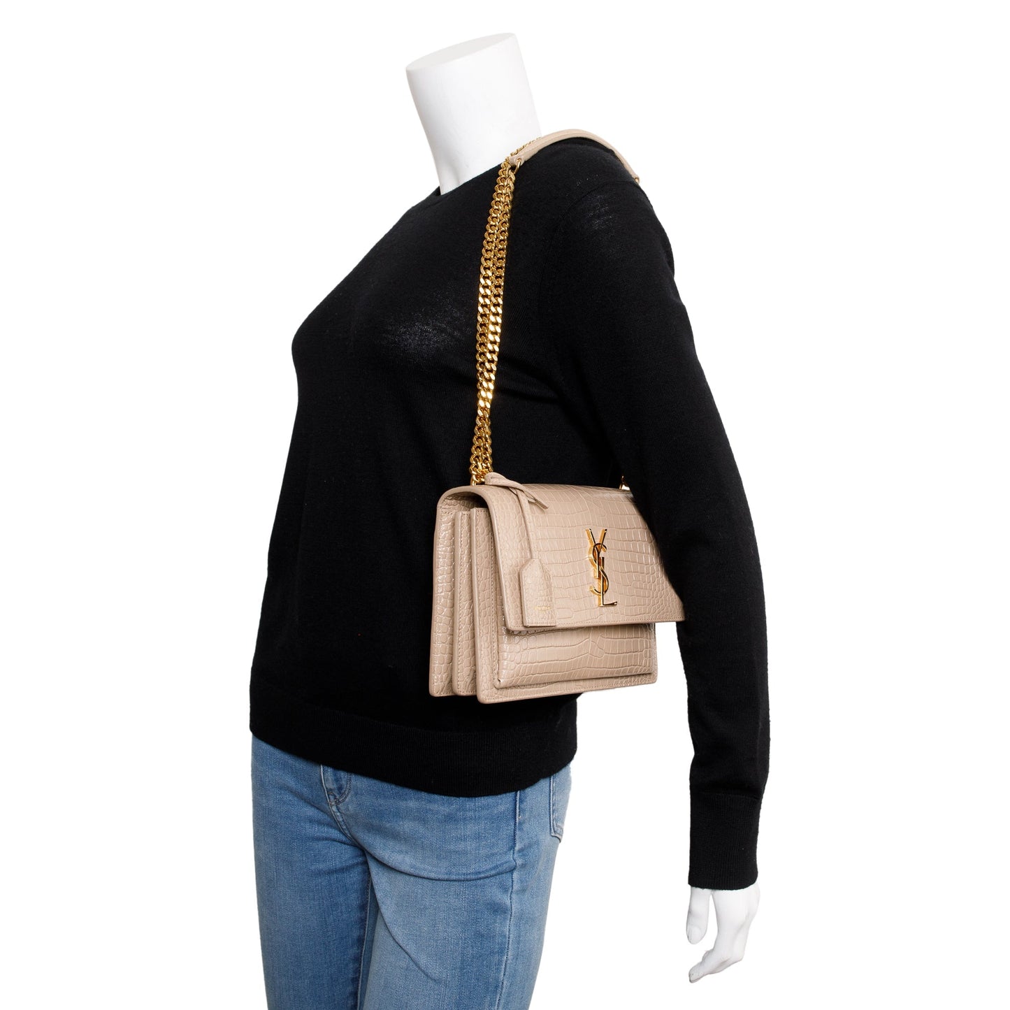 Saint Laurent 2020 Beige Crocodile Embossed Leather Medium Sunset Bag