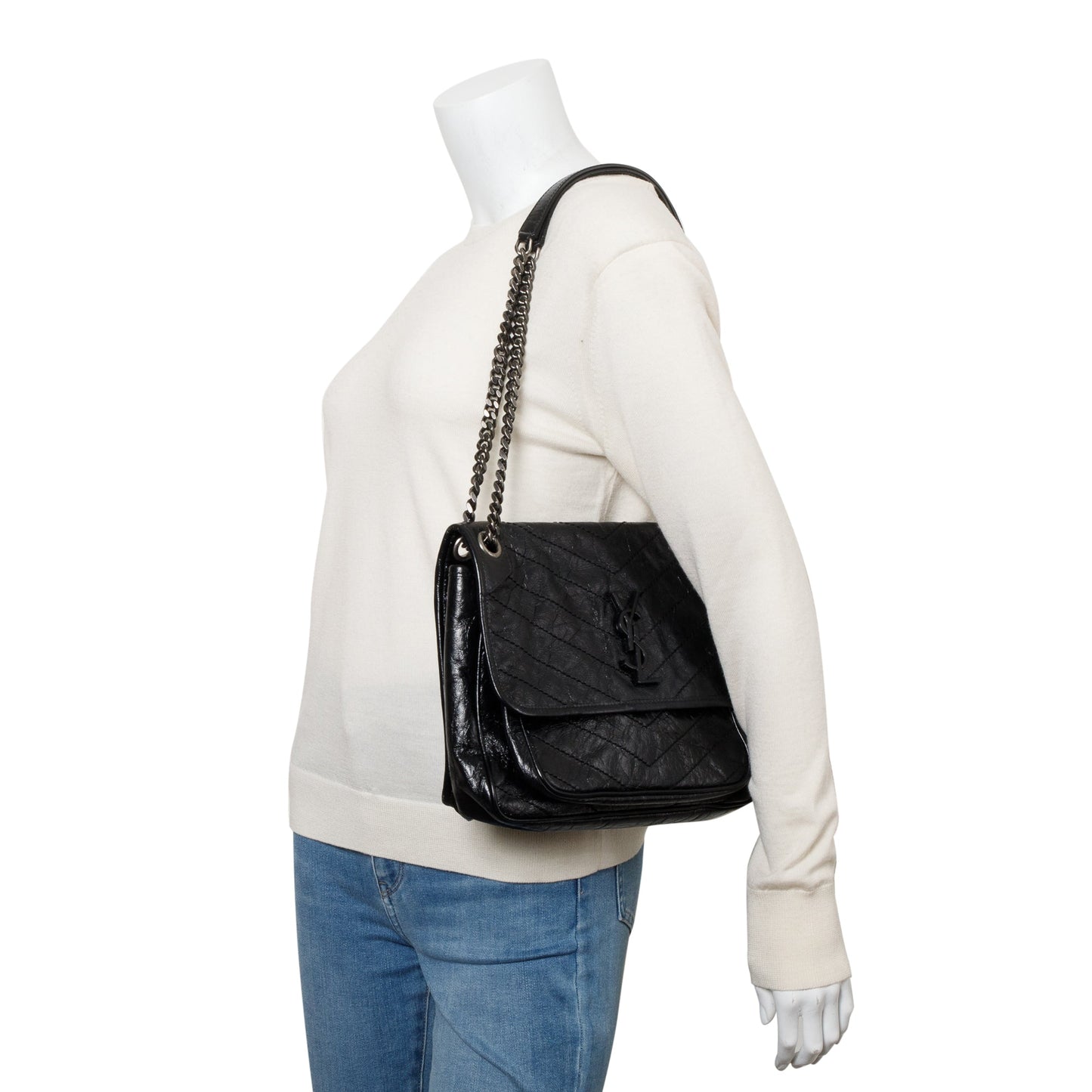 Saint Laurent 2020 Black Crinkled Calfskin Leather Medium Niki Shoulder Bag