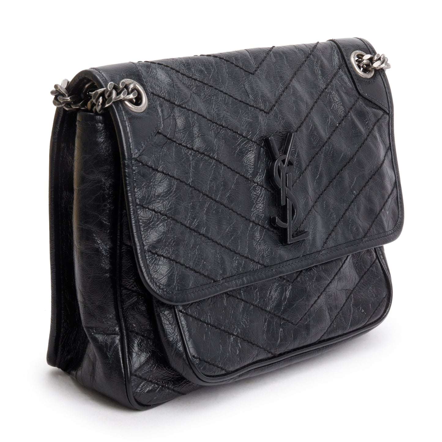 Saint Laurent 2020 Black Crinkled Calfskin Leather Medium Niki Shoulder Bag