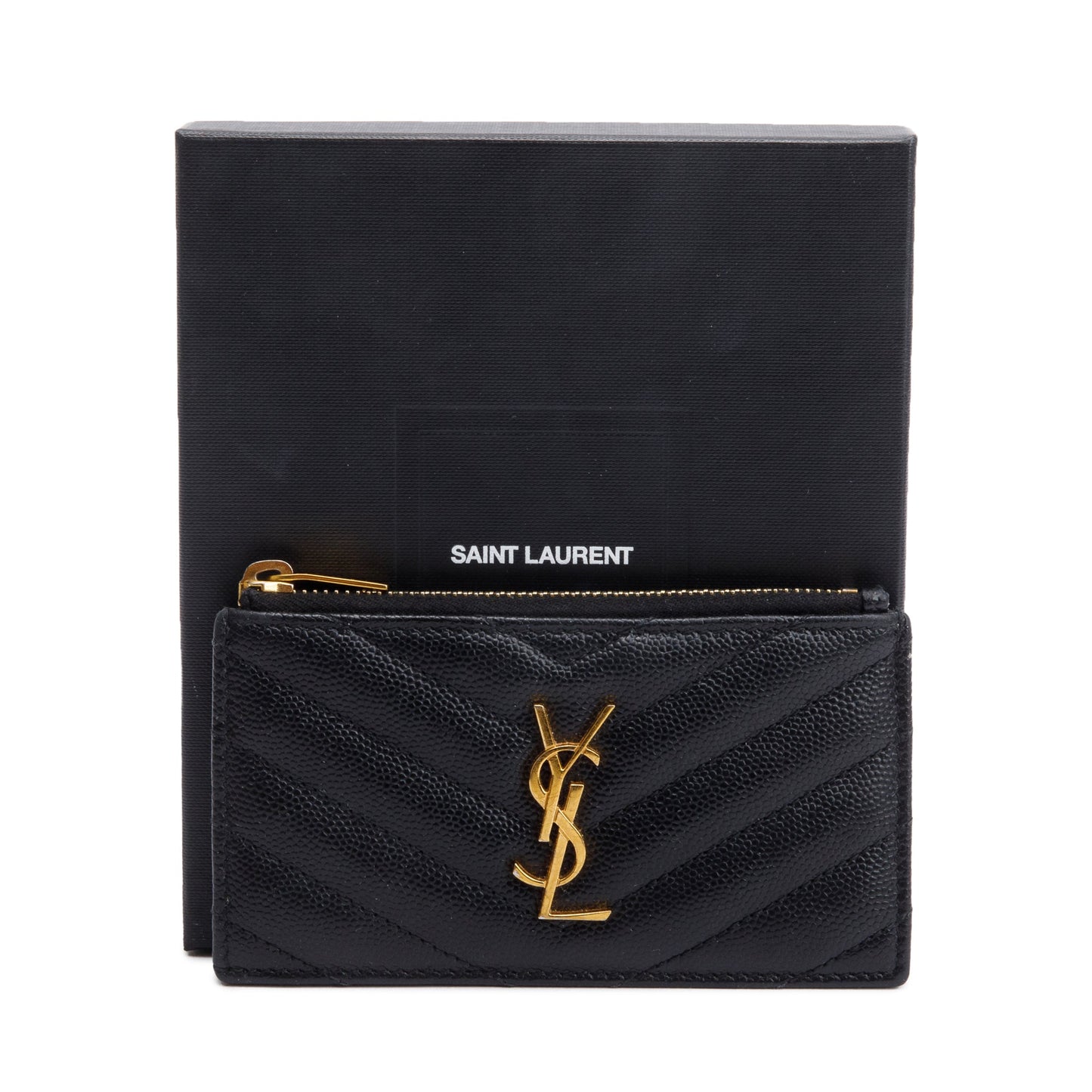 Saint Laurent 2020 Black Grain De Poudre Embossed Leather Cassandre Matelasse Fragments Zipped Card Case