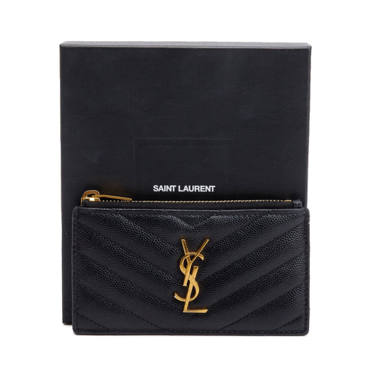 Saint Laurent 2020 Black Grain De Poudre Embossed Leather Cassandre Matelasse Fragments Zipped Card Case