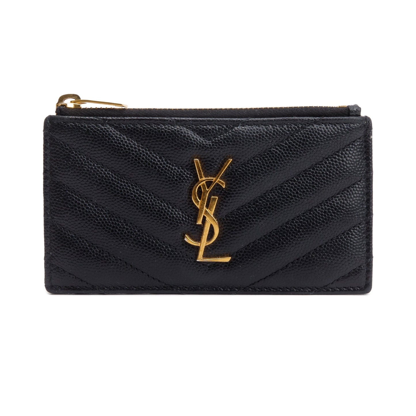 Saint Laurent 2020 Black Grain De Poudre Embossed Leather Cassandre Matelasse Fragments Zipped Card Case