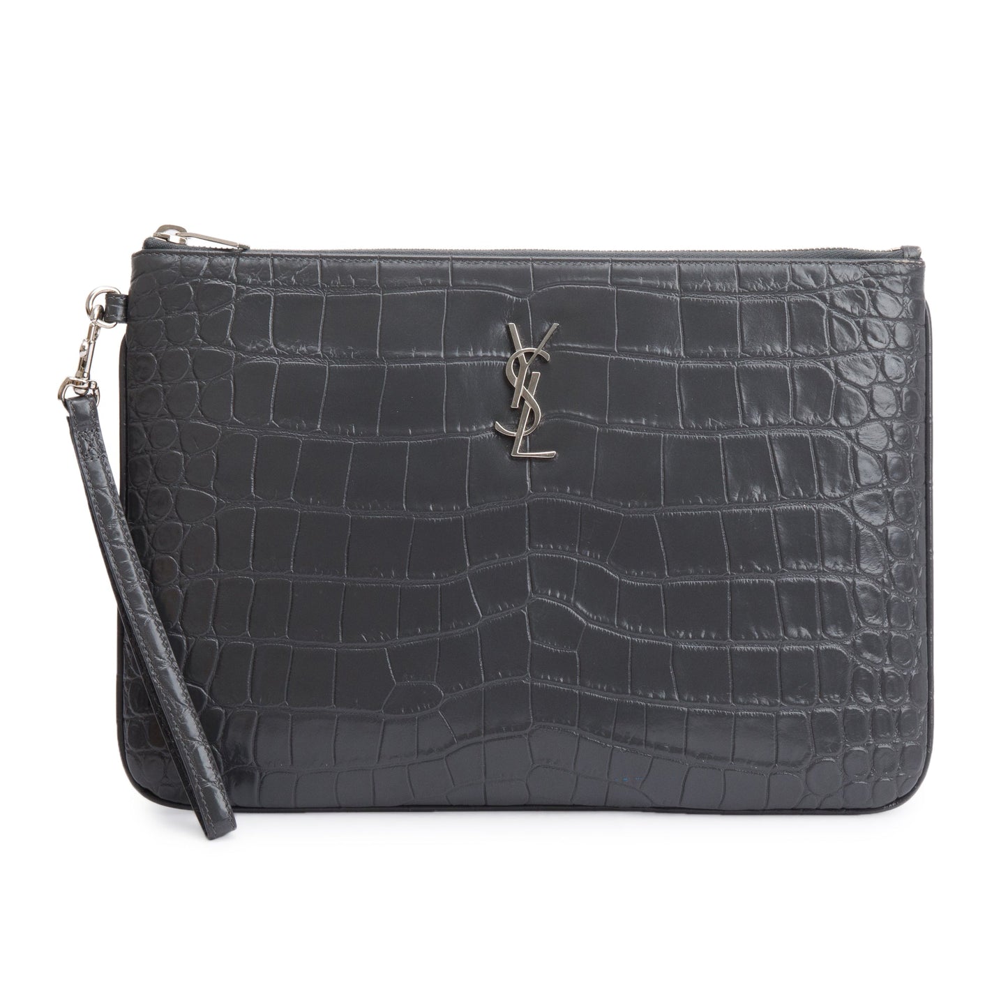 Saint Laurent 2020 Grey Crocodile Embossed Leather Cassandre Tablet Pouch