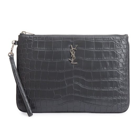 Saint Laurent 2020 Grey Crocodile Embossed Leather Cassandre Tablet Pouch