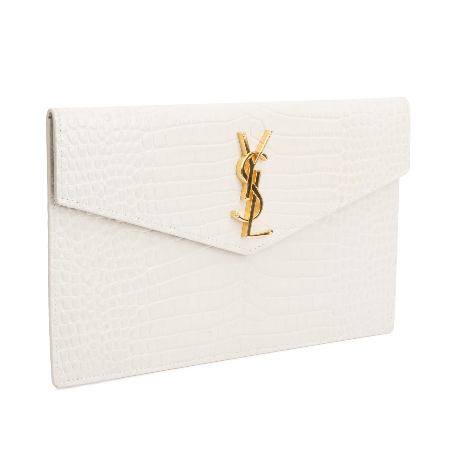 Saint Laurent 2020 Neutral Crocodile-Embossed Leather Uptown Pouch