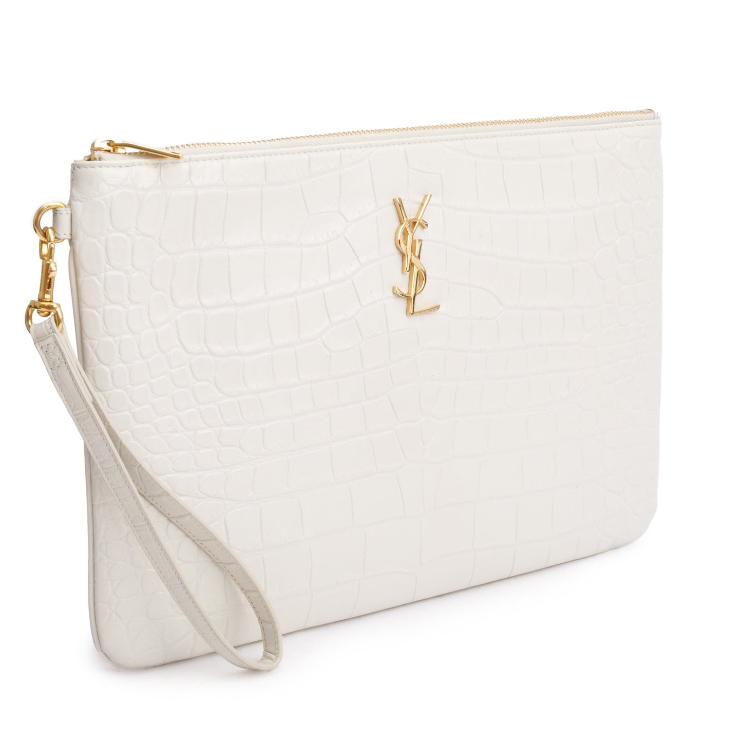 Saint Laurent 2020 White Crocodile Embossed Leather Cassandre Tablet Pouch