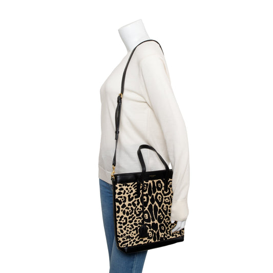 Saint Laurent 2021 Black Calfskin Leather Neutral Jaguar Raffia Toy Shopping Tote