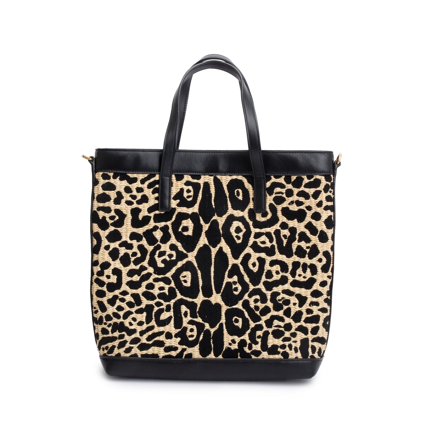 Saint Laurent 2021 Black Calfskin Leather Neutral Jaguar Raffia Toy Shopping Tote