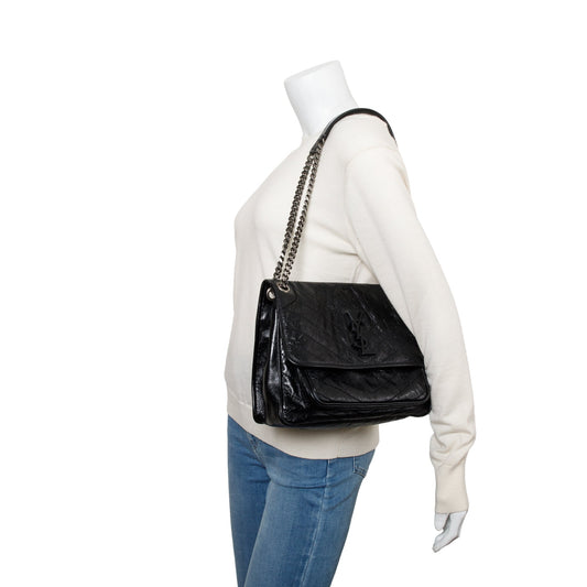 Saint Laurent 2021 Black Crinkled Calfskin Leather Medium Niki Shoulder Bag