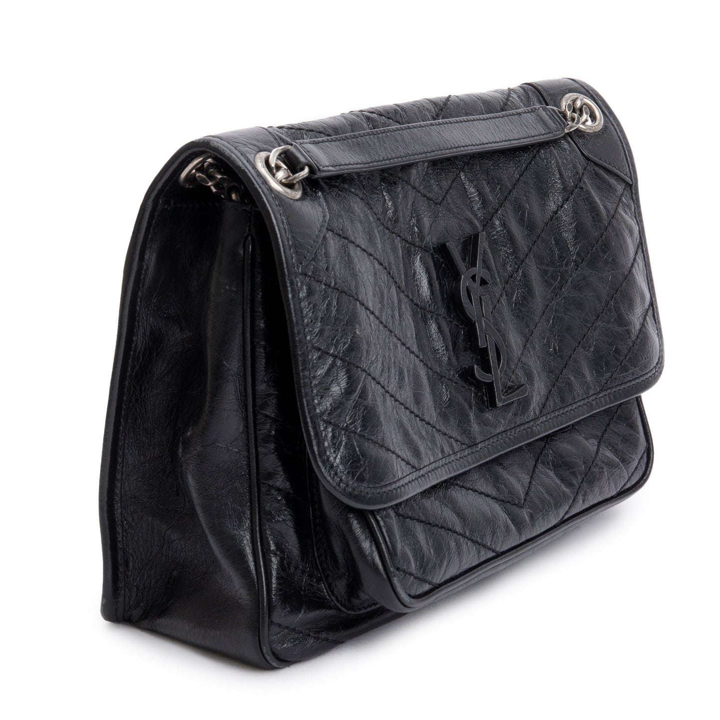 Saint Laurent 2021 Black Crinkled Calfskin Leather Medium Niki Shoulder Bag