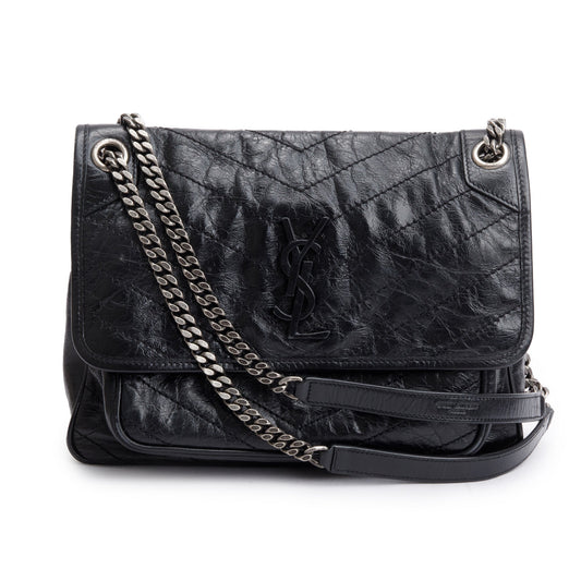 Saint Laurent 2021 Black Crinkled Calfskin Leather Medium Niki Shoulder Bag