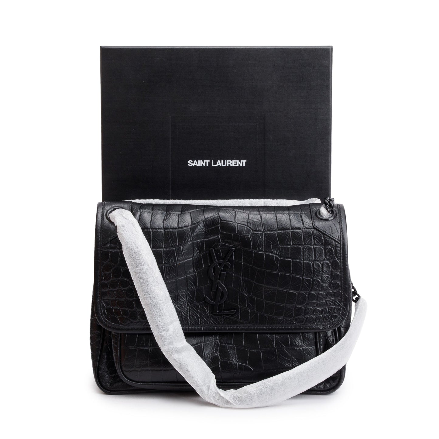 Saint Laurent 2021 Black Crocodile Embossed Calfskin Leather Medium Niki Shoulder Bag