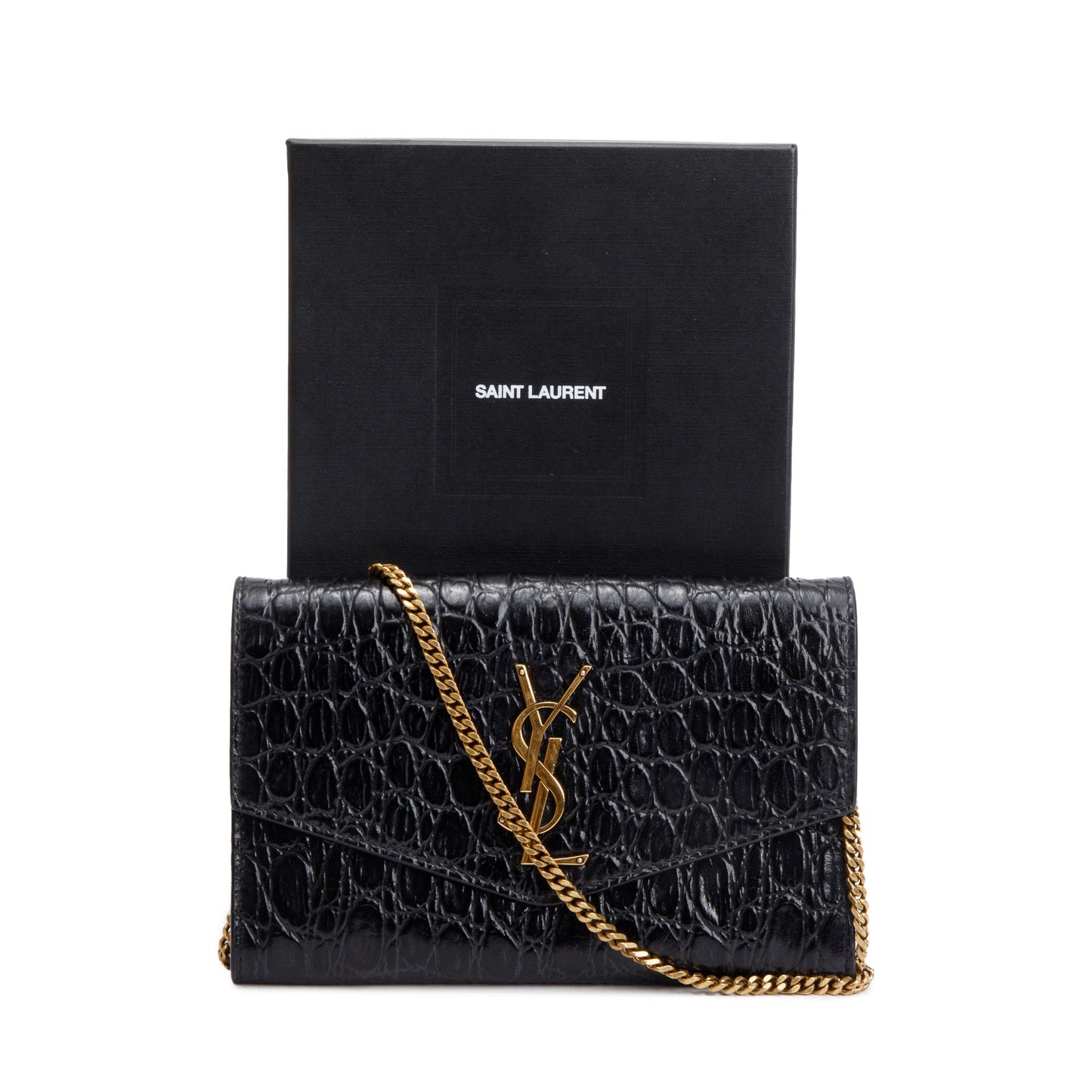 Saint Laurent 2021 Black Crocodile Embossed Leather Uptown Chain Wallet
